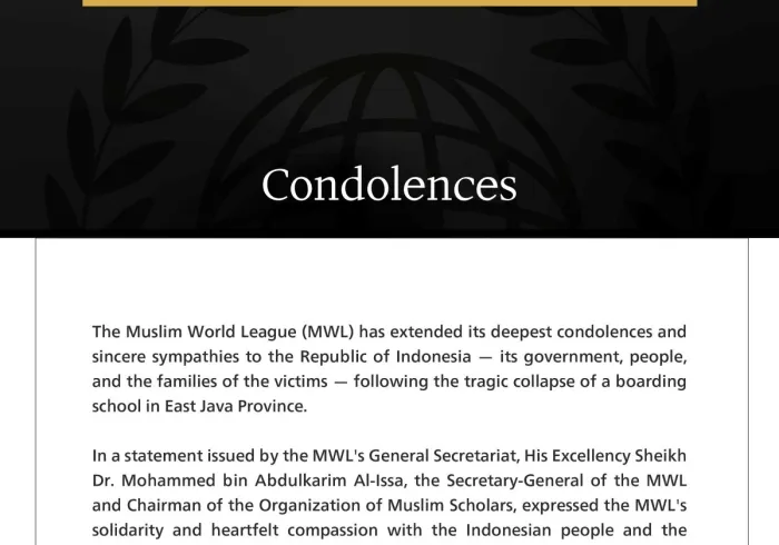 The Muslim World League (MWL) Extends Condolences to Indonesia over East Java School Collapse Victims