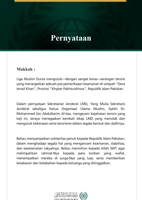 Liga Muslim Dunia Mengutuk Serangan Teroris yang Menargetkan Pos Pemeriksaan Keamanan di Provinsi Khyber Pakhtunkhwa, Pakistan