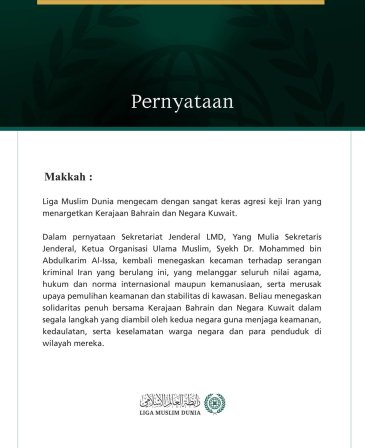 Liga Muslim Dunia Kecam Agresi Keji Iran terhadap Bahrain dan Kuwait
