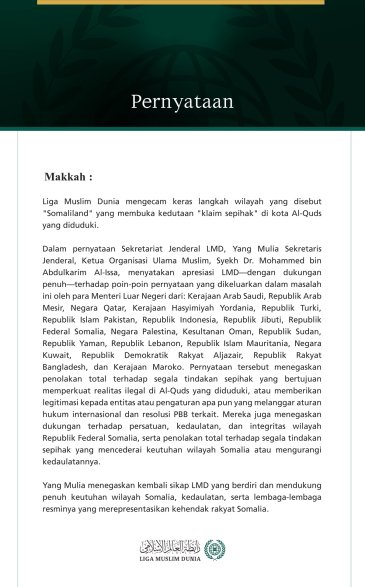 Liga Muslim Dunia Kecam Langkah Wilayah yang Disebut "Somaliland" atas Pembukaan Kedutaan "Klaim Sepihak" di Kota Al-Quds yang Diduduki