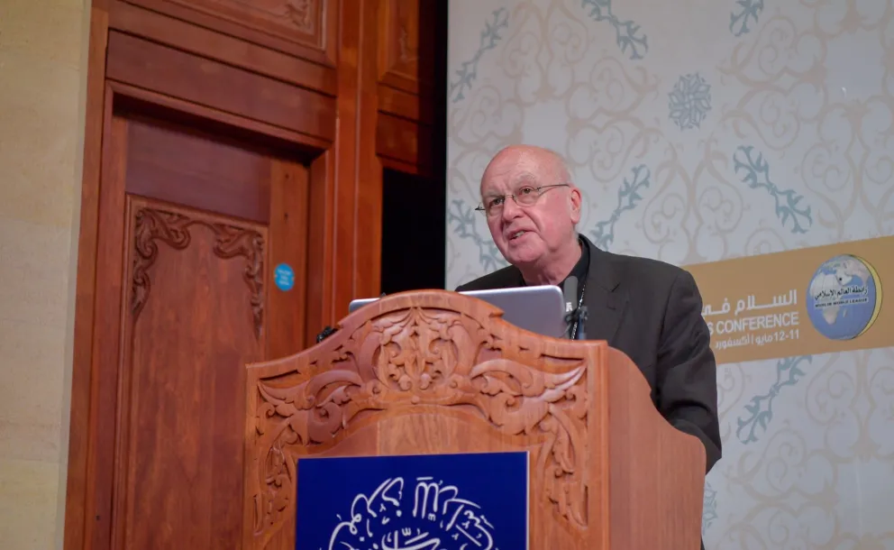 Vatican Representative, Archbishop Emeritus of Southwark & Chair of the Bishops' Conference Committee for Other Faiths, the Most Rev. Kevin McDonald speaks at the inaugural session of the Conference on Peace in the Revealed Religions by MWL in Oxford.