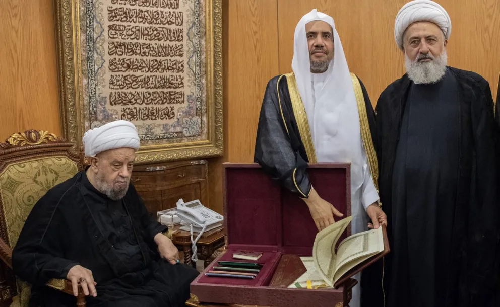 Sheikh Abdulamir Qablan, President of the Supreme Shia Council receives the  Muslim World League's Sheikh Mohammad Alissa in the Council Headquarters in the Lebanese capital Beirut. The Council VP Ali Alkhateeb participated in the meeting.