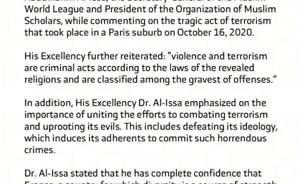 HE Dr. Mohammad Alissa expressed his sincere condolences to the teacher’s family, students, friends & the people of France