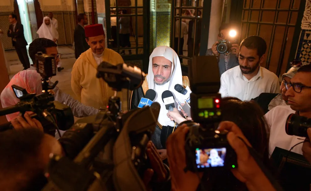 His Excellency the Secretary-General of the MWL Sheikh Dr. Mohammed Alissa giving a statement to the Moroccan media