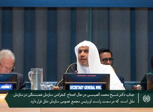 از تریبون سازمان ملل متحد، و با حضور سران آن و بزرگان دعوت شده: جناب دبیر کل، دکتر شیخ  محمد العیسی در افتتاحیه کنفرانس سازمان همبستگی جهان اسلام در ارتباط با موضوع "ایجاد پل های تفاهم و صلح بین شرق و غرب : 