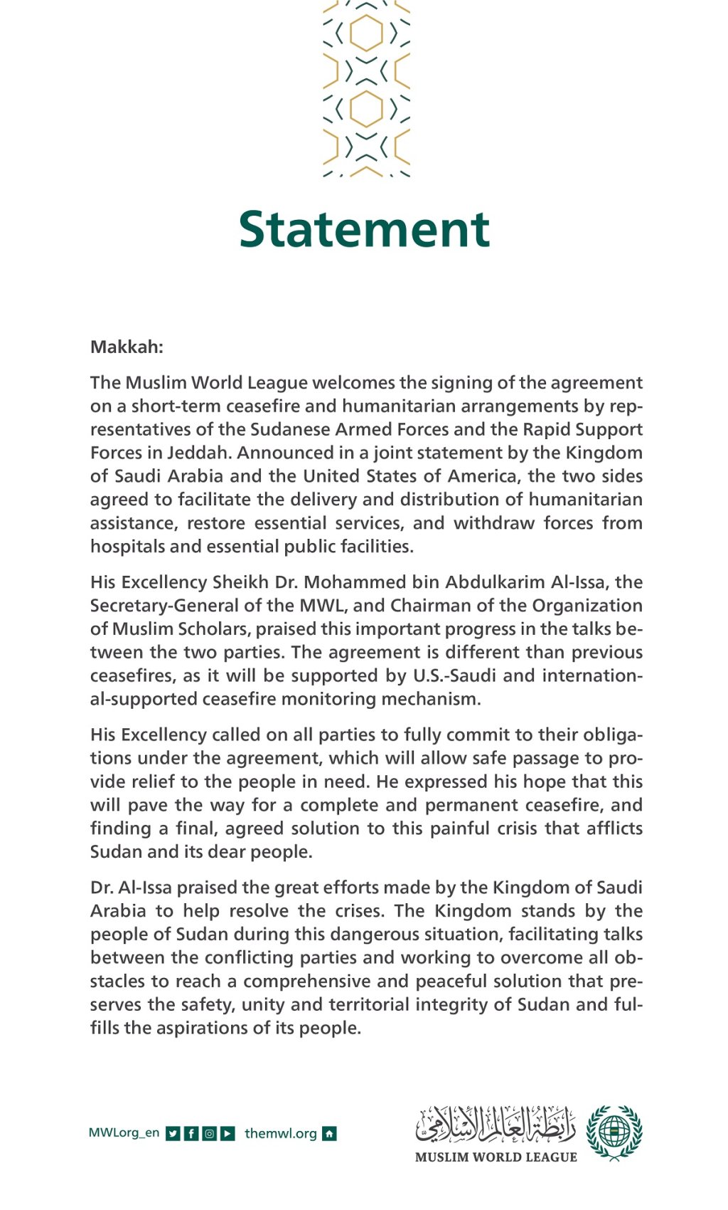 Statement from the Muslim World League: