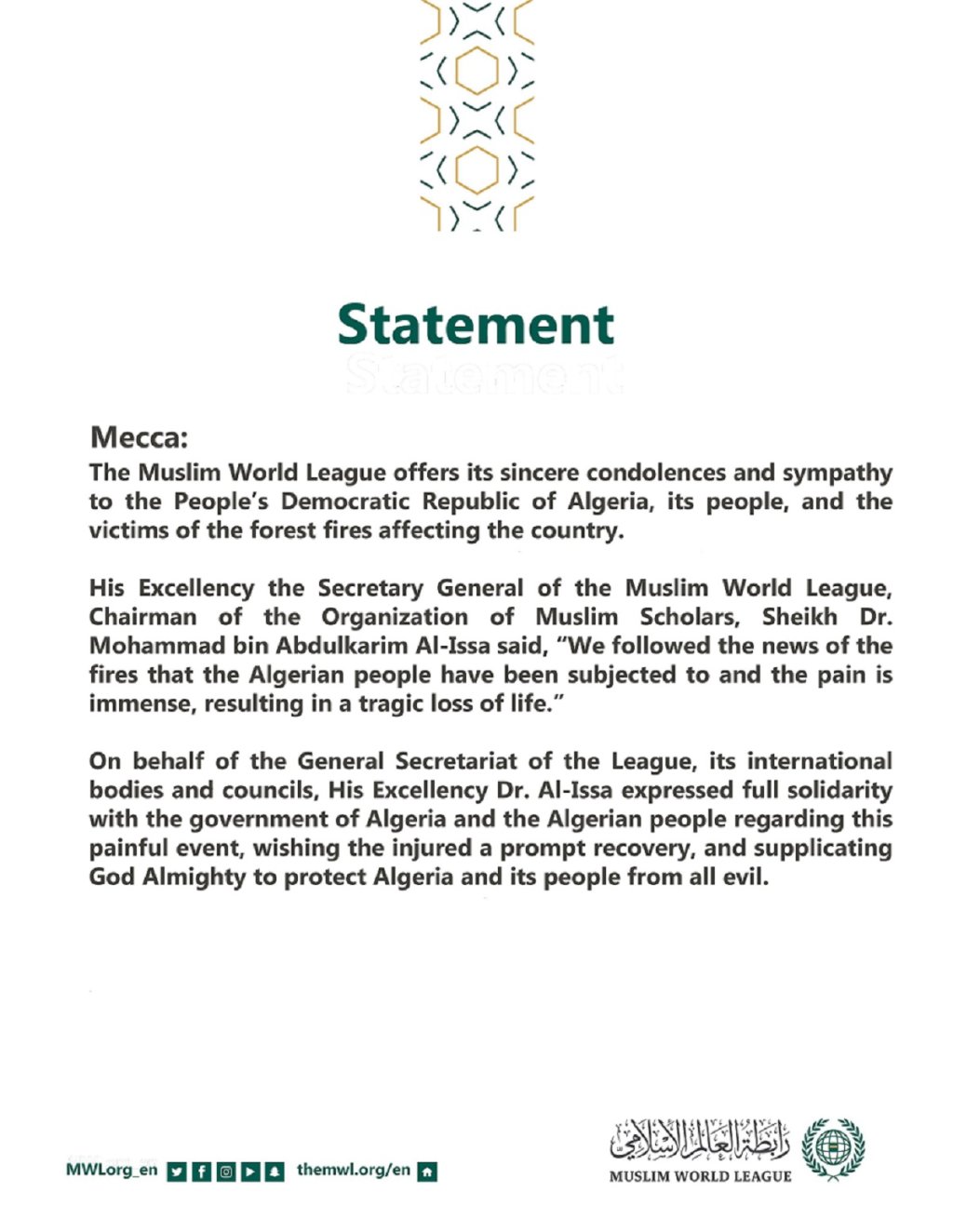 Statement from the Muslim World League