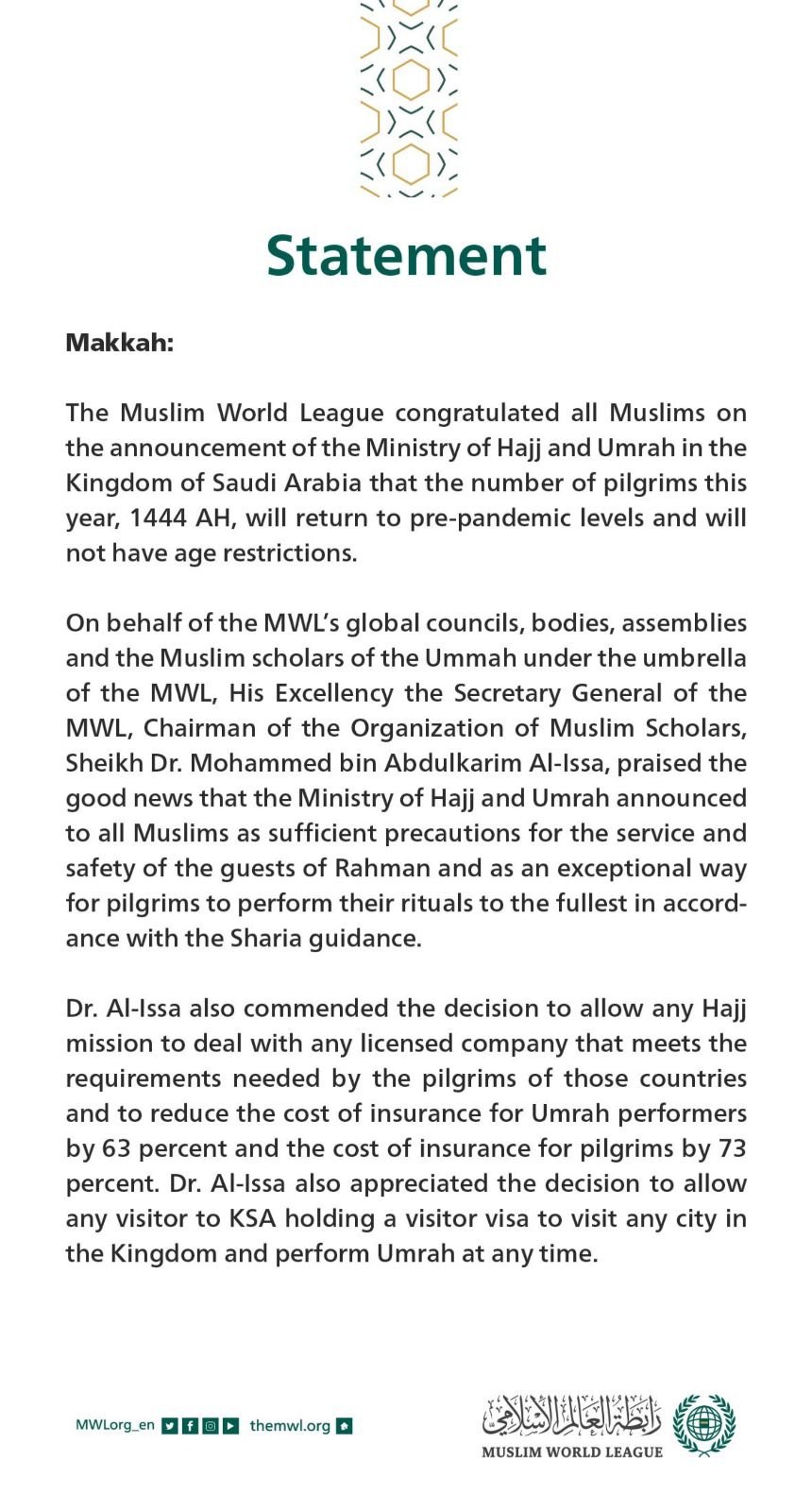 Statement from the Muslim World League: