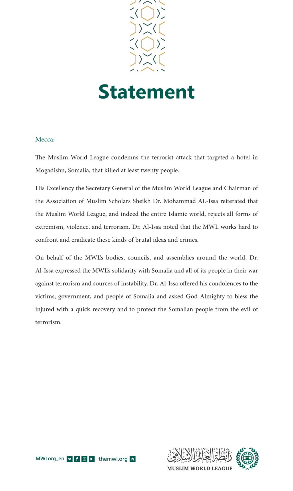 The Muslim World League Condemns Terrorist Attack in Somalia 