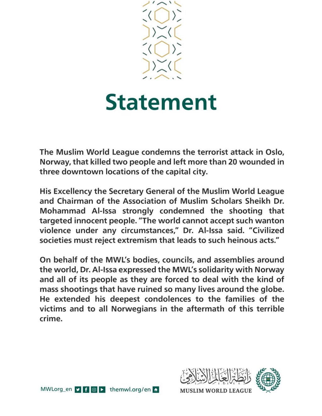 Statement from the Muslim World League: